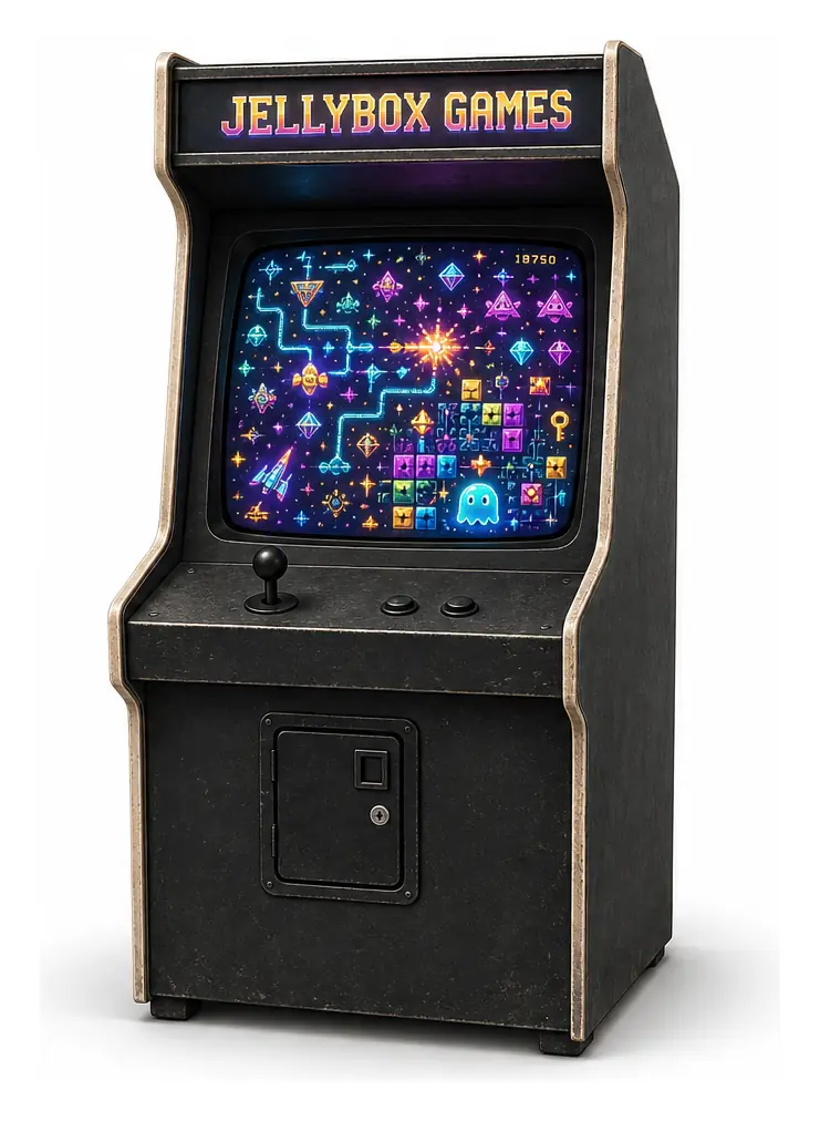 A freestanding Jellybox Games arcade machine with a screen full of colorful maze, space and puzzle ideas.